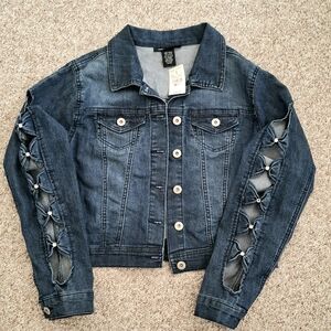 Ashley Stewart Blue Denim Jacket With Bow Detail On Sleeves